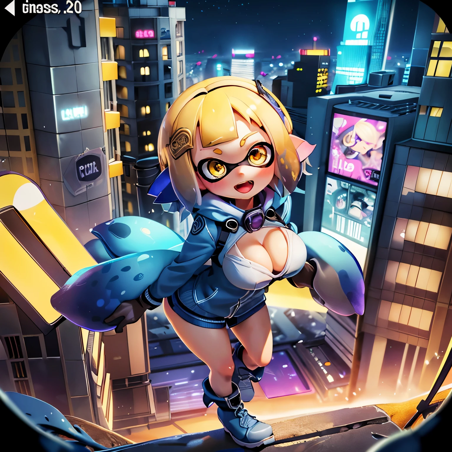 (masterpiece:1.2), Highest quality,Realistic,
Cyber World,One Splatoon girl, Letterbox, alone, Golden Eyes、Open Mouth Smile、blush、A slightly thinner face、Golden tentacle hair, Big Breasts、Cleavage、scenery, short hair, Jacket, sf, Holding, Holographic interface, city, blue Jacket, gloves, city lights, look up, cityscape, boots, building, night, From above、Real Anime、3d、
