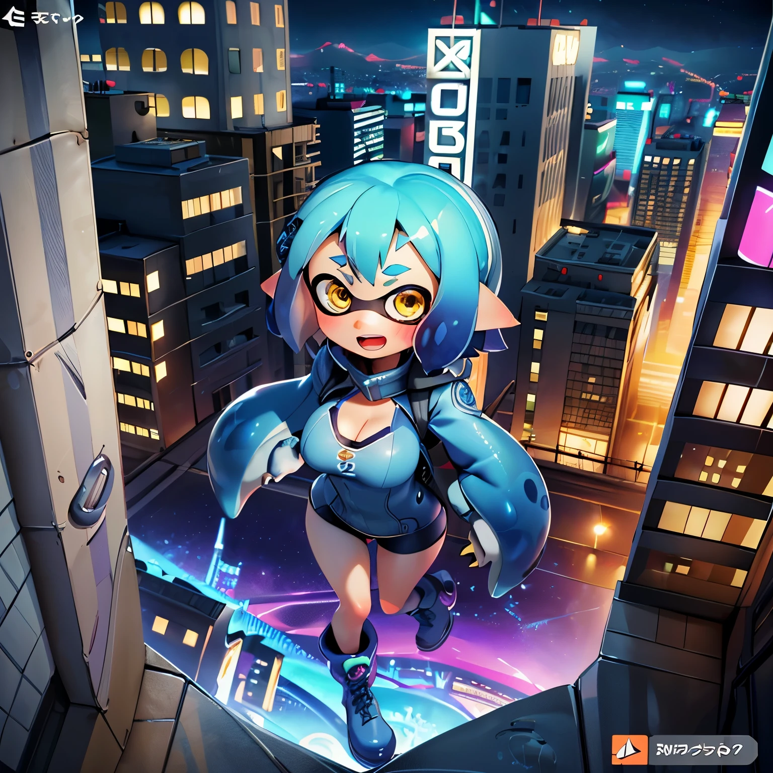 (masterpiece:1.2), Highest quality,Realistic,
Cyber World,One Splatoon girl, Letterbox, alone, Golden Eyes、Open Mouth Smile、blush、A slightly thinner face、Golden tentacle hair, Big Breasts、Cleavage、scenery, short hair, Jacket, sf, Holding, Holographic interface, city, blue Jacket, gloves, city lights, look up, cityscape, boots, building, night, From above、Real Anime、3d、