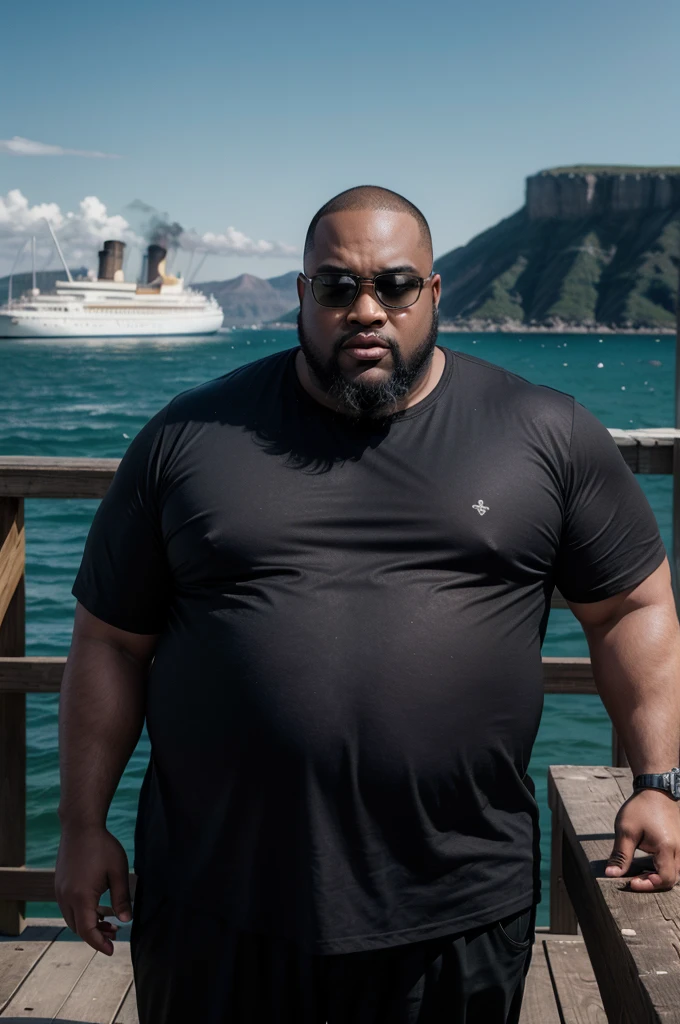 hyper-realistic image of a fat black man, dark-skinned, bald, black beard, big head, medium height, wearing square black-framed glasses, he is on the edge of the pier with the Titanic sinking and split in half when hitting the iceberg behind him, wearing period clothes, seen from the front, full body, wide image, in the year 1912, photograph with color and appearance of an image from the past