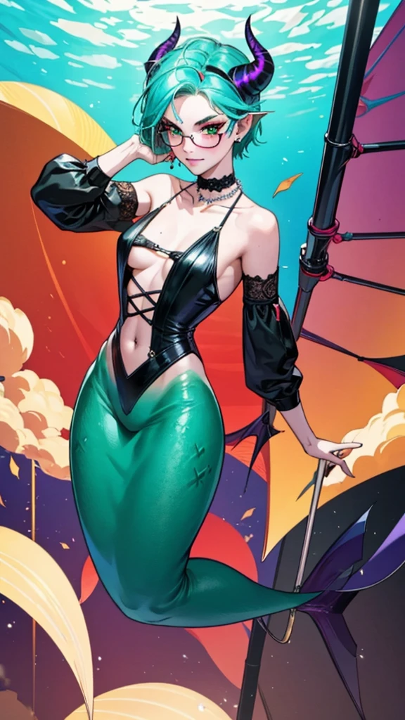 8k, masterpiece, best quality, highly detailed, 1 girl, tiefling, warlock, multicolored hair, very short straight hair green highlight hair on white hair, strippled hair, wearing glasses, round glasses, earrings, red eyeshadow, long eyelashes,navel piercing, blushed cheek, necklace, collarbone, mole, glamorous, purple and teal clothing, villainy, smirk, seductive face, fullbody view, rings, looking at viewer, swimming, demon horns, solo, hand touching cheek, underwater, black lace gloves.
