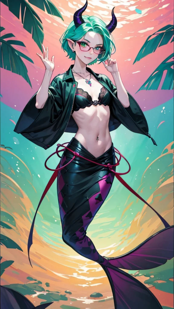 8k, masterpiece, best quality, highly detailed, 1 girl, tiefling, warlock, multicolored hair, very short straight hair green highlight hair on white hair, strippled hair, wearing glasses, round glasses, earrings, red eyeshadow, long eyelashes,navel piercing, blushed cheek, necklace, collarbone, mole, glamorous, purple and teal clothing, villainy, smirk, seductive face, fullbody view, rings, looking at viewer, swimming, demon horns, solo, hand touching cheek, underwater, black lace gloves.