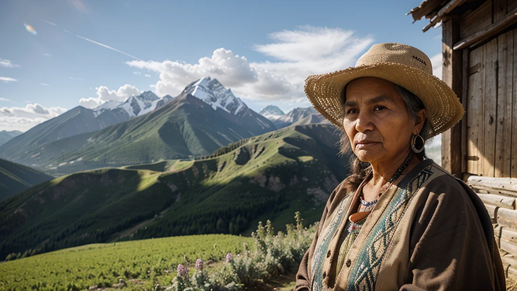 indigenous old woman with mountains and crops in the background