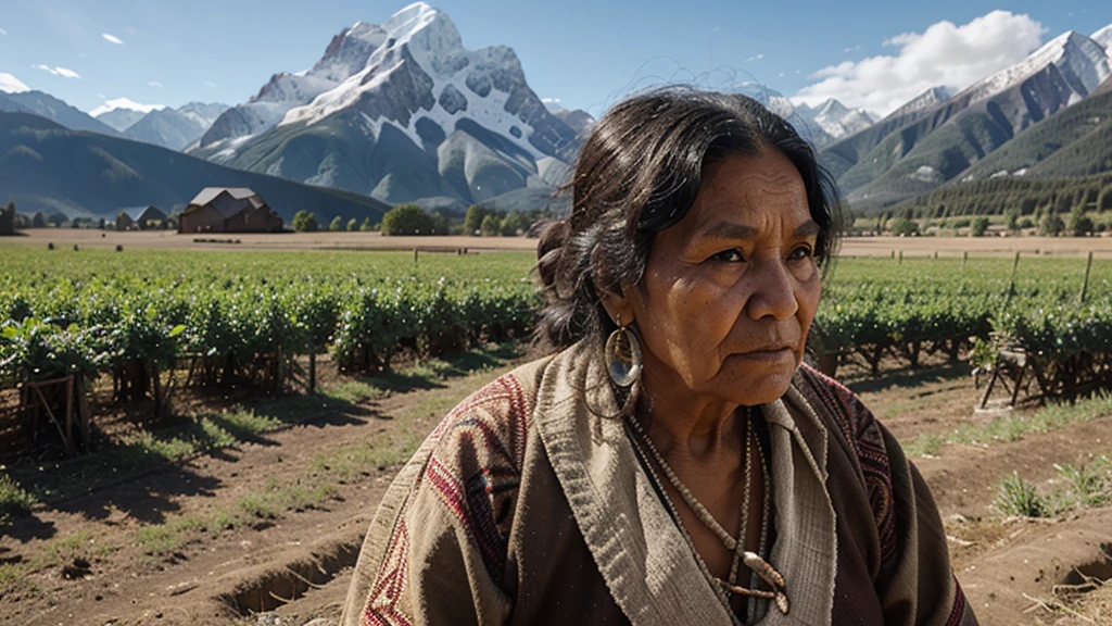 indigenous old woman with mountains and crops in the background