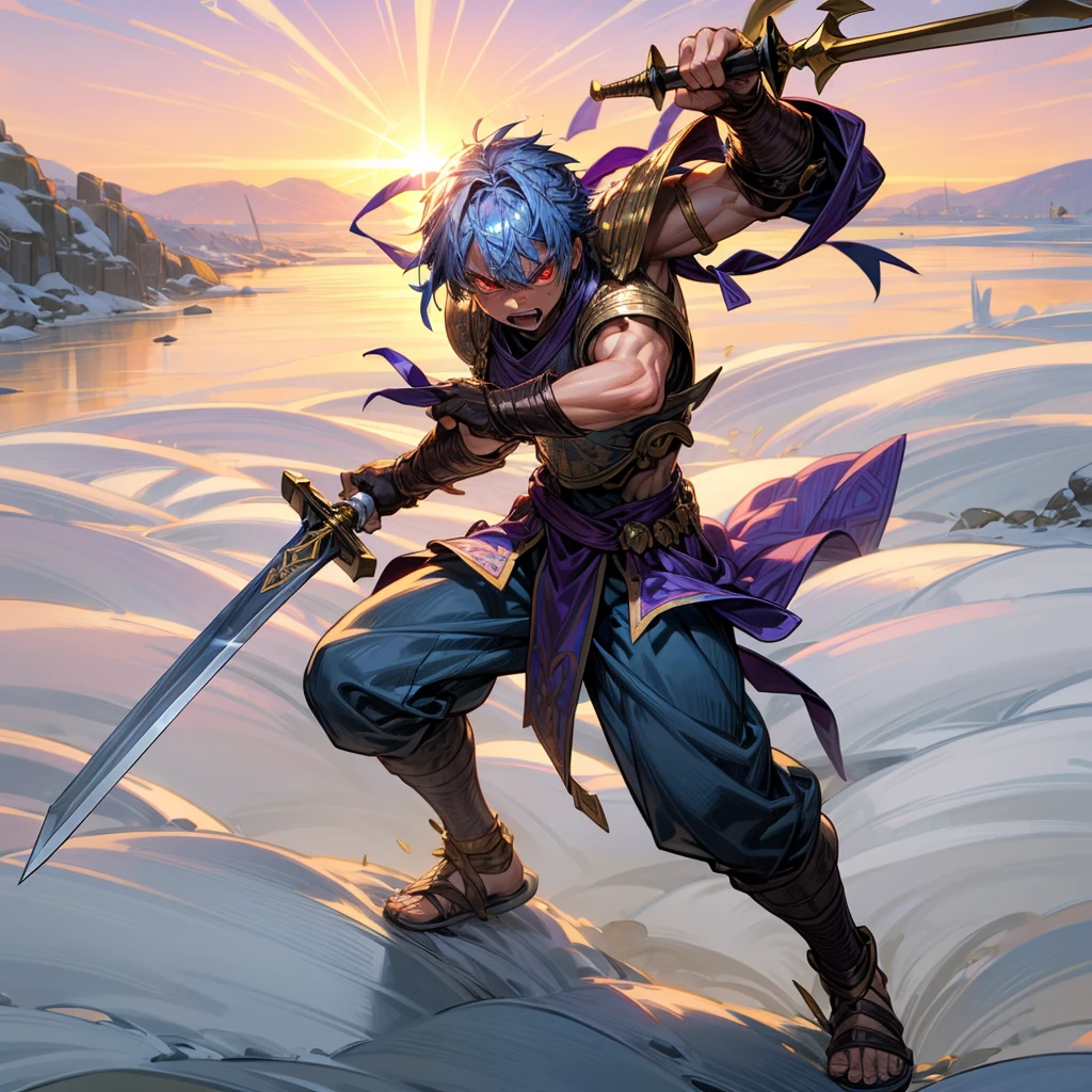 1boys orc, Full body version, red eyes, purple colour skins, angry eyes, cut hair, blue colour hair, angry expression, ancient greek clothing, gladiator sandals, Rapier gold sword in hand, small shield gold, gold armor vest, Grassroots background in snow, sunlight, sun, Sun silhouette, sun glare, smoke, background clutter, damage, war gesture