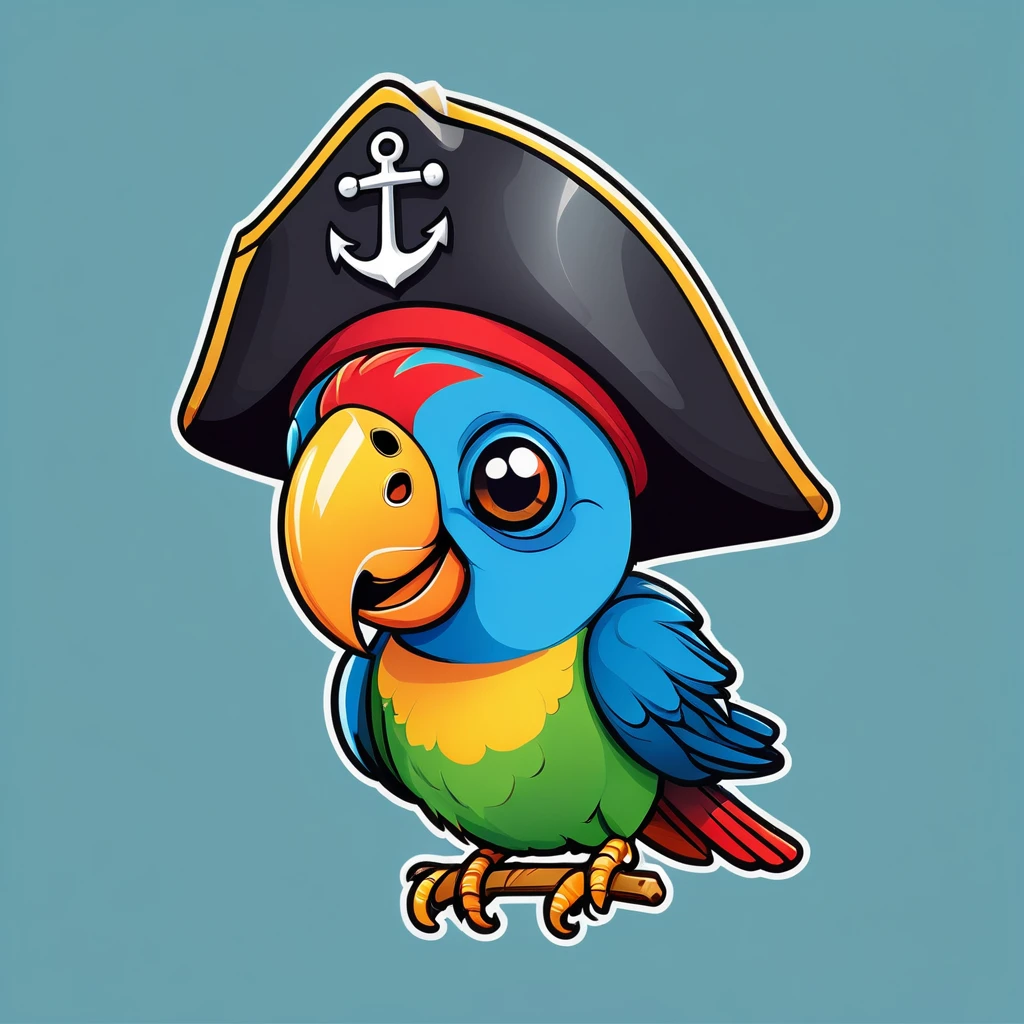 Emoji of a smiling face with a pirate hat and an eyepatch, a small parrot on the shoulder, and a tiny anchor symbol appearing next to it, cheerful and playful expression, simple and colorful design.