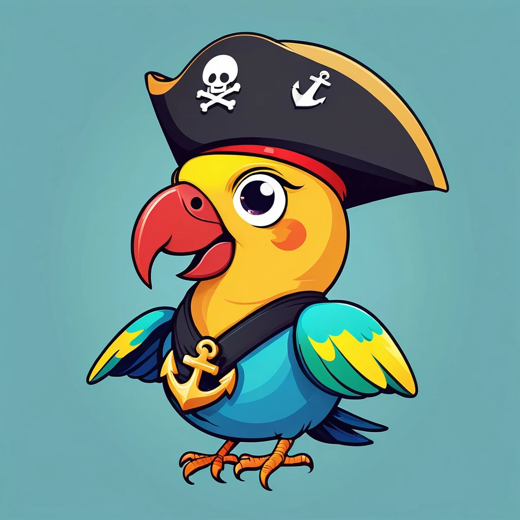 Emoji of a smiling face with a pirate hat and an eyepatch, a small parrot on the shoulder, and a tiny anchor symbol appearing next to it, cheerful and playful expression, simple and colorful design.