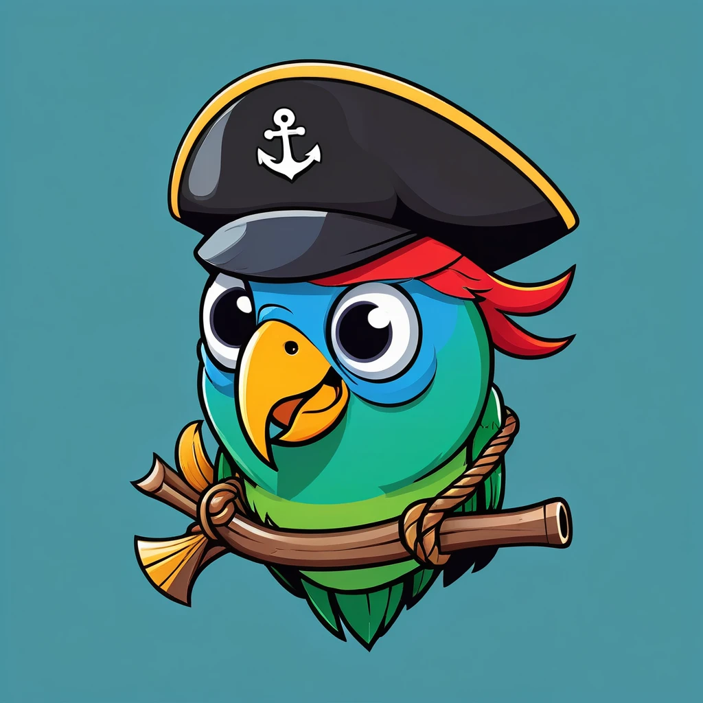 Emoji of a smiling face with a pirate hat and an eyepatch, a small parrot on the shoulder, and a tiny anchor symbol appearing next to it, cheerful and playful expression, simple and colorful design.