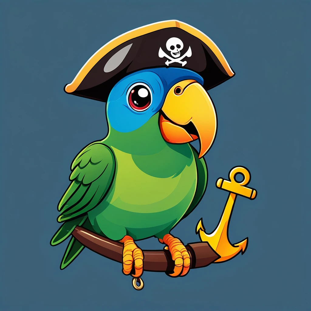 Emoji of a smiling face with a pirate hat and an eyepatch, a small parrot on the shoulder, and a tiny anchor symbol appearing next to it, cheerful and playful expression, simple and colorful design.