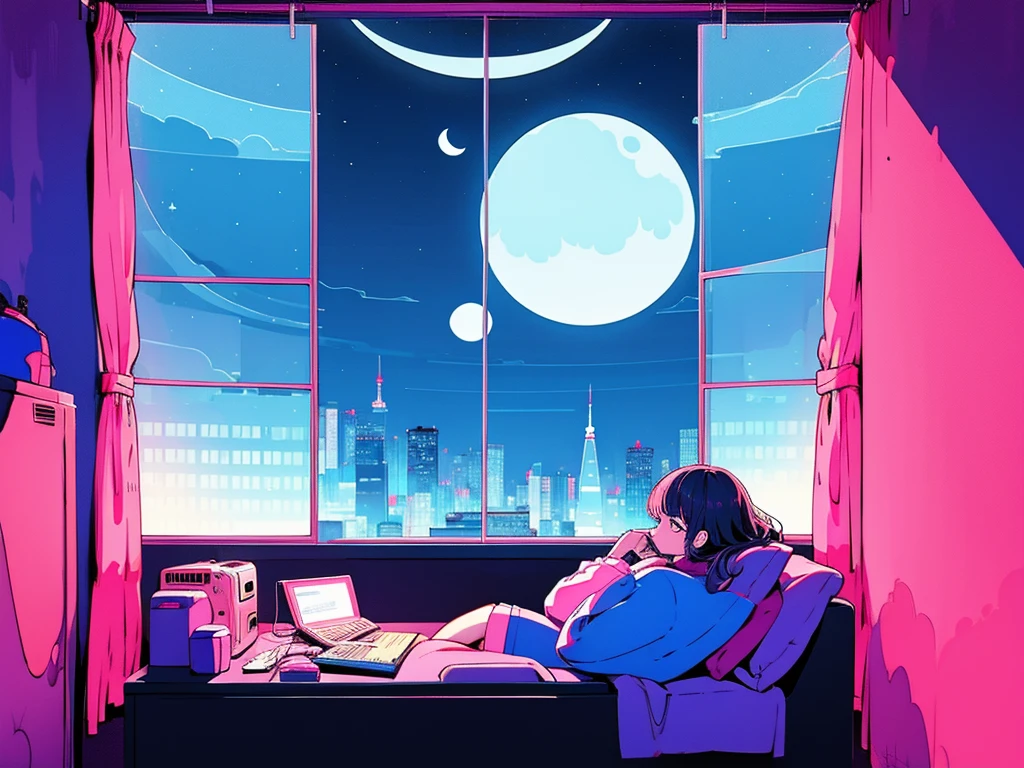 girl relaxing in her room, through the window you can see the moon with an intense light