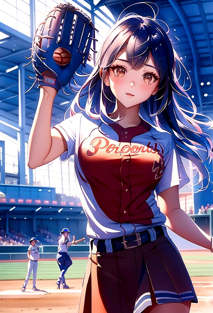 Highest quality、Great visuals、High resolution、High resolution、（high school girl）（Red belly-baring T-shirt）（Black Mini Skirt）（Tall and slim、Long limbs）（sexy baseball uniform） (Catching the ball with a baseball glove in the right hand) (The grounds watched by spectators)、(Shortstop catching a baseball) (美しいアジアのbaseball player)、(woman) baseball player)、Long silver hair、Sports photography、(Perfect Face)、(Super beautiful) ) (女子baseball player)（Baseball defense）（Dynamic Movement）