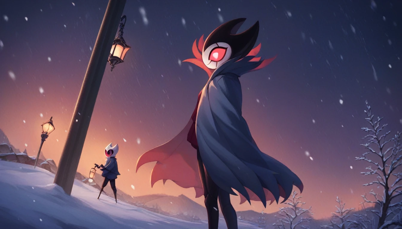 score_9, score_8_up, score_7_up, score_6_up, zPDXL2, grimm \(hollow knight\), vampire, bat, 1boy, solo, cute face, detailed eyes, anthro, clothed, landscape, highlight thighs, It's snowing outside, it's night, a lamp is on nearby, outdoor, winter coat, smiling, in a train station, profile picture