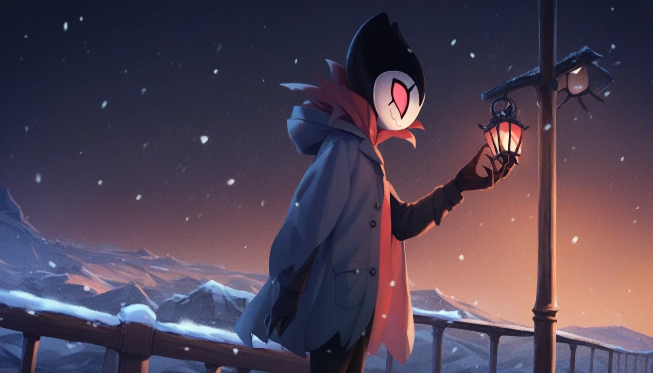 score_9, score_8_up, score_7_up, score_6_up, zPDXL2, grimm \(hollow knight\), vampire, bat, 1boy, solo, cute face, detailed eyes, anthro, clothed, landscape, highlight thighs, It's snowing outside, it's night, a lamp is on nearby, outdoor, winter coat, smiling, in a train station, profile picture