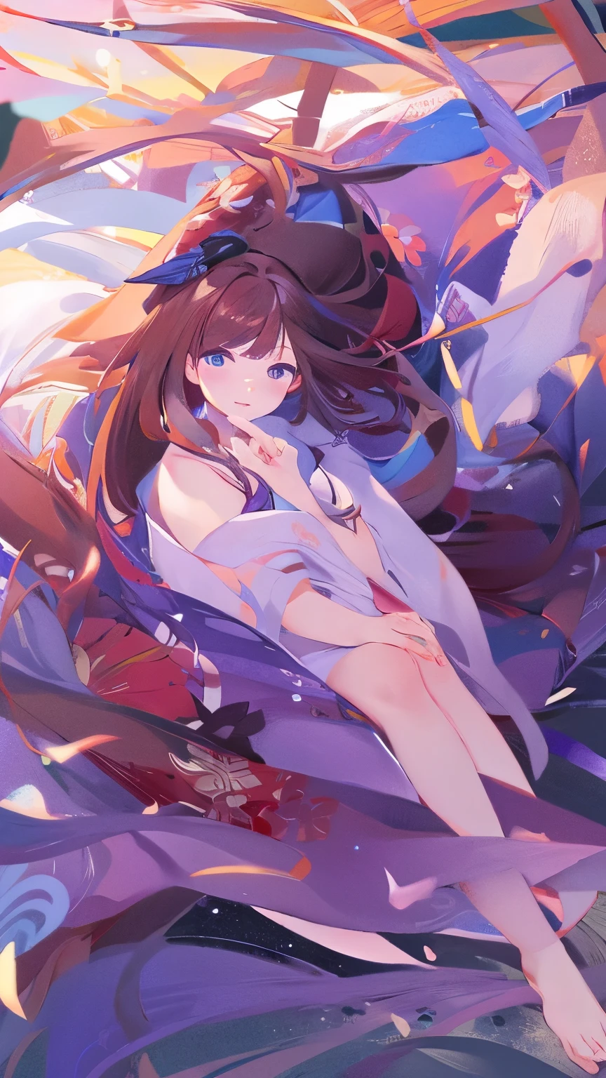 masterpiece, best quality, highres , long hair, symbol-shaped, +_+, brown hair, purple , blue eyes, heian vibe, fujitsubo, fullbody