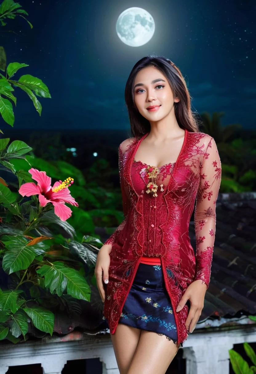 wearing red kebaya, (RAW photo, best quality), (realistic, photo-realistic:1.4), masterpiece, an extremely delicate and beautiful, extremely detailed, 2k wallpaper, Amazing, finely detail, extremely detailed CG unity 8k wallpaper, ultra-detailed, high resolution, soft light, beautiful detailed girl, extremely detailed eyes and face, beautiful detailed nose, beautiful detailed eyes, cinematic lighting, dramatic lighting, detailed background, background fantasy setting, night town, night time, on the roof, moonlight, dark theme, HIBISCUS deep forest background, perfect anatomy, soft light, smiling, 1girl 