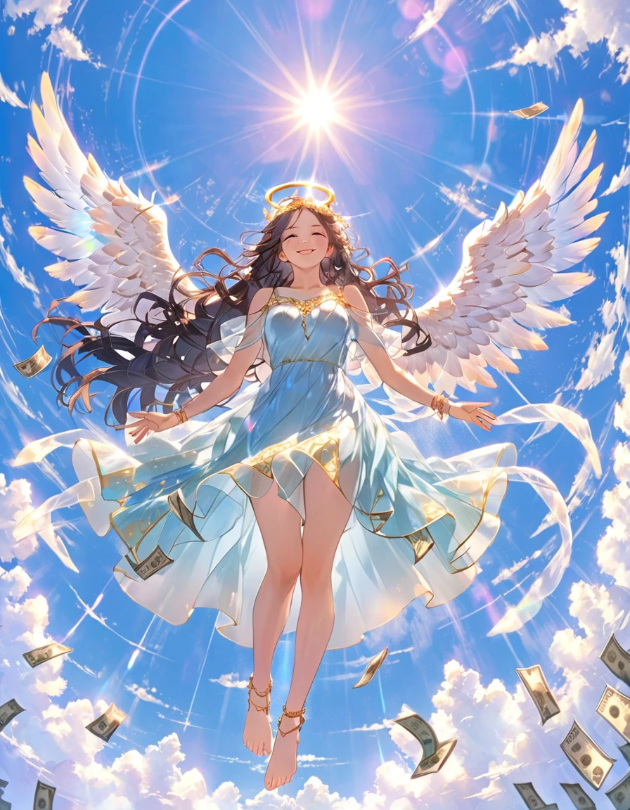 flight,masterpiece, Sambathea, One girl, whole body, (二枚のAngel wings:1.2),Angel, Light blue dress, Light blue long dress, Money, anklet, Barefoot, Very long hair, Black Hair, Floating Hair, Circlet, sun, Lens flare, cloud, blue sky, From below, Reaching out, View your viewers, smile, Side slits