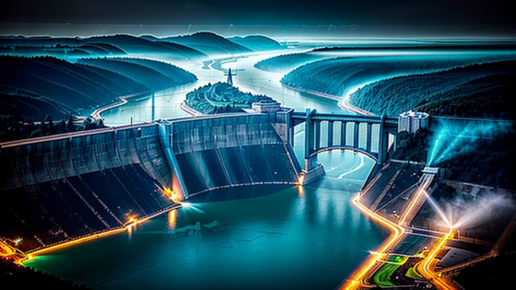 dark and mysterious, Towering, hydroelectric dam generating renewable energy, its powerful turbines churning the deep, turquoise reservoir below, Burgundy-&-blue color, iridescent style, bright and reflective atmosphere light effects, holographic background, dark shadows and fog, blurred, neo-expressionism