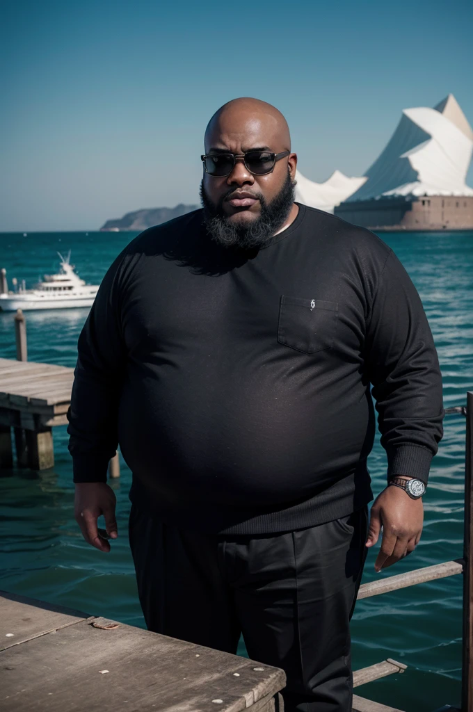 hyper-realistic image of a fat black man, dark-skinned, bald, black beard, big head, medium height, wearing square black-framed glasses, he is on the edge of the pier with the Titanic sinking and split in half when hitting the iceberg behind him, wearing period clothes, seen from the front, full body, wide image, in the year 1912, photograph with color and appearance of an image from the past