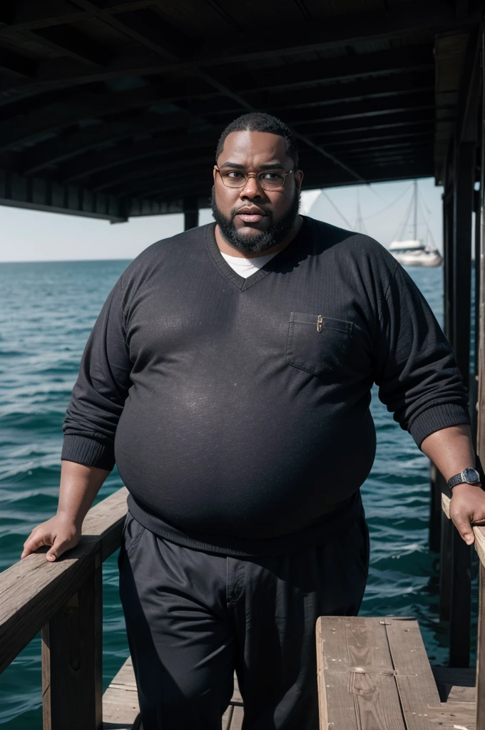 hyper-realistic image of a fat black man, dark-skinned, bald, black beard, big head, medium height, wearing square black-framed glasses, he is on the edge of the pier with the Titanic sinking and split in half when hitting the iceberg behind him, wearing period clothes, seen from the front, full body, wide image, in the year 1912, photograph with color and appearance of an image from the past