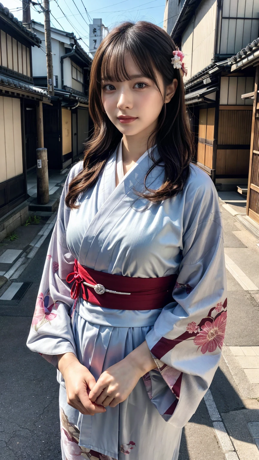 professional lighting,(Photoreal:1.4), (Top image quality:1.0), (超A high resolution:1.0), 8k, Raw photography, (masterpiece:0.2), (Pueros face_v1:0.5)、(highest quality Detail:1.2)、realistic、8k UHD、High resolution、(1 girl:1.2)、Super detailed、High quality textures、intricate details、detailed、Very detailed CG、High quality shadows、detailed Beautiful and delicate face、Beautiful details and delicate eyes、(symmetrical eyes:1.2),Depth of the bounds written、ray tracing,1 girl, japanese girl,cute, large breasts, Portrait of a beautiful Japanese woman wearing a kimono, Standing elegantly on a street corner in Kyoto. A kimono with bright traditional patterns, Hair decorated with an elegant and delicate hairpin, and a gentle expression. (Against the backdrop of the old streets of Kyoto:1.4)、soft light on a spring afternoon、adds tranquility to the scene. Rendered in a realistic style with great attention to detail, High resolution images.sky porn, magic hour, (realistic:1.3), finely, quality, (table top:1.2), (realistic:1.2), (highest quality), (Complex details), dramatic, ray tracing, photograph, +roller