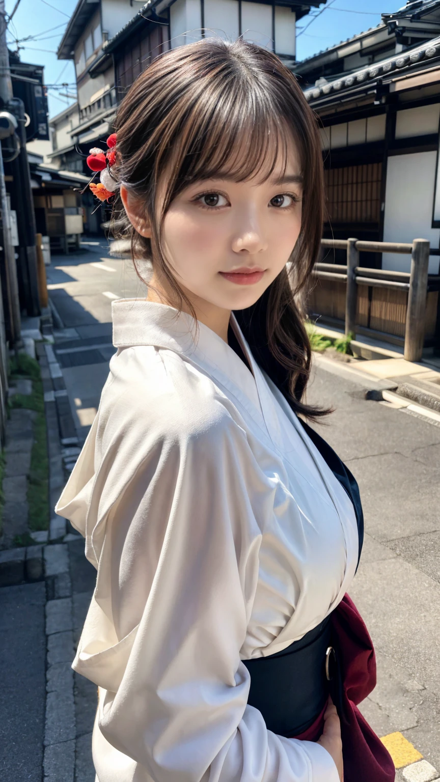 professional lighting,(Photoreal:1.4), (Top image quality:1.0), (超A high resolution:1.0), 8k, Raw photography, (masterpiece:0.2), (Pueros face_v1:0.5)、(highest quality Detail:1.2)、realistic、8k UHD、High resolution、(1 girl:1.2)、Super detailed、High quality textures、intricate details、detailed、Very detailed CG、High quality shadows、detailed Beautiful and delicate face、Beautiful details and delicate eyes、(symmetrical eyes:1.2),Depth of the bounds written、ray tracing,1 girl, japanese girl,cute, large breasts, Portrait of a beautiful Japanese woman wearing a kimono, Standing elegantly on a street corner in Kyoto. A kimono with bright traditional patterns, Hair decorated with an elegant and delicate hairpin, and a gentle expression. (Against the backdrop of the old streets of Kyoto:1.4)、soft light on a spring afternoon、adds tranquility to the scene. Rendered in a realistic style with great attention to detail, High resolution images.sky porn, magic hour, (realistic:1.3), finely, quality, (table top:1.2), (realistic:1.2), (highest quality), (Complex details), dramatic, ray tracing, photograph, +roller