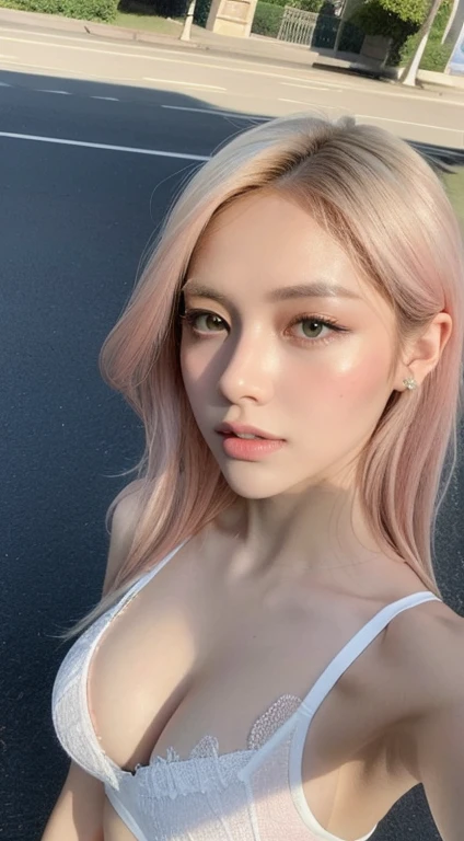 ((Best quality, 8k, Masterpiece :1.3)), Sharp focus :1.2, Perfect body beauty: 1.4, Slim abs: 1.2, ((pink blonde hair: 1.3, Big breasts: 1.2)), (Natural light, City street: 1.1 ), highly detailed facial and skin textures, detailed eyes, double eyelids,  (((white sports bra :1.3 , pink eyeshadow, white skin))),  (((Dynamic Angle)))