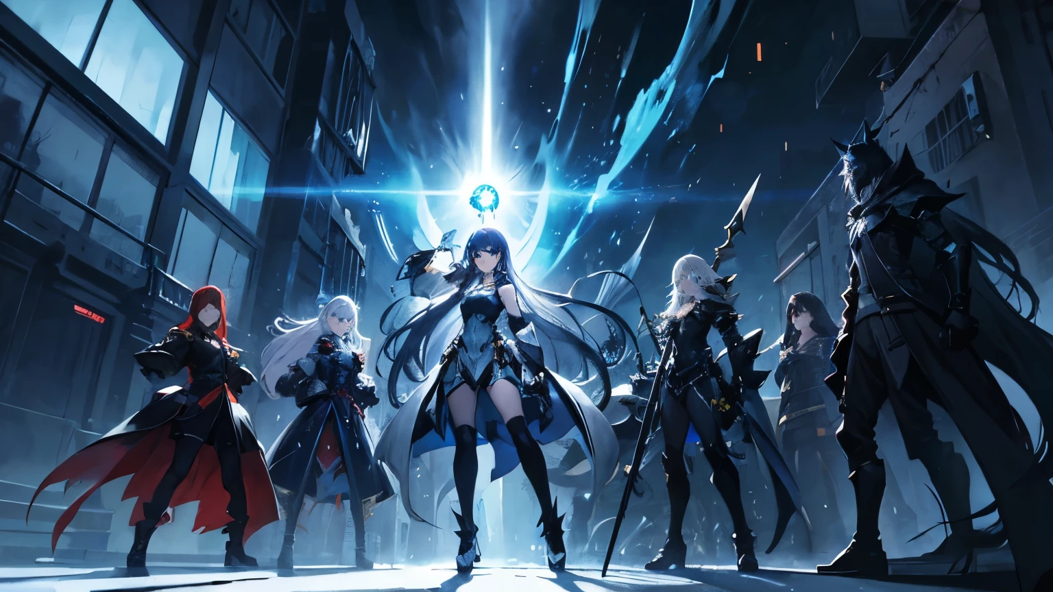 Dynamic anime night battle scene in a narrow urban alleyway. Lyra, a girl with long flowing hair, in a defensive stance with fear in her wide eyes, clutching a glowing pendant. She's surrounded by five menacing shadowy Abyss creatures with wolf-like forms and glowing red eyes. Three creatures lunging from the left, two from the right. Orion, a tall celestial being with starry skin and glowing blue eyes, materializes behind Lyra, right arm outstretched casting a shield of golden light. Orion's left hand holds a shimmering spear. Moonlight breaks through dark clouds above. Contrast between the inky black Abyss creatures and Orion's radiant aura. Action lines and magical particle effects for intensity. Urban details: graffiti on walls, scattered trash, fire escape visible surrounded by creatures in wolf like form