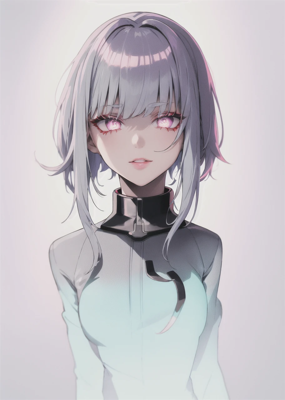 lucy \(cyberpunk\), 1girl, hair scrunchie, hime cut, silver hair, colored tips, full moon, grey eyes, jacket, long sleeves, looking at viewer, medium hair, multicolored hair, parted bangs, parted lips, pink hair, portrait, red eyeliner, red lips, solo, white jacket, cyberpunk \(series\), rainy night in a cyberpunk city with glowing neon lights