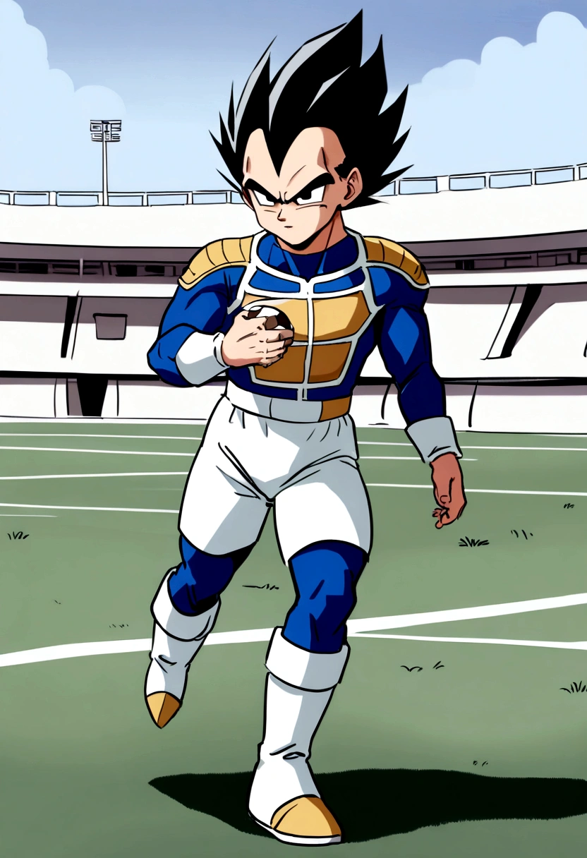 Vegeta as Saiyan , blue vegeta outfit , anime styling , Football scenario , (( image without deformities)) , best resolution , best qualityer , steady look , masterpiece, holding a soccer ball in his hand.