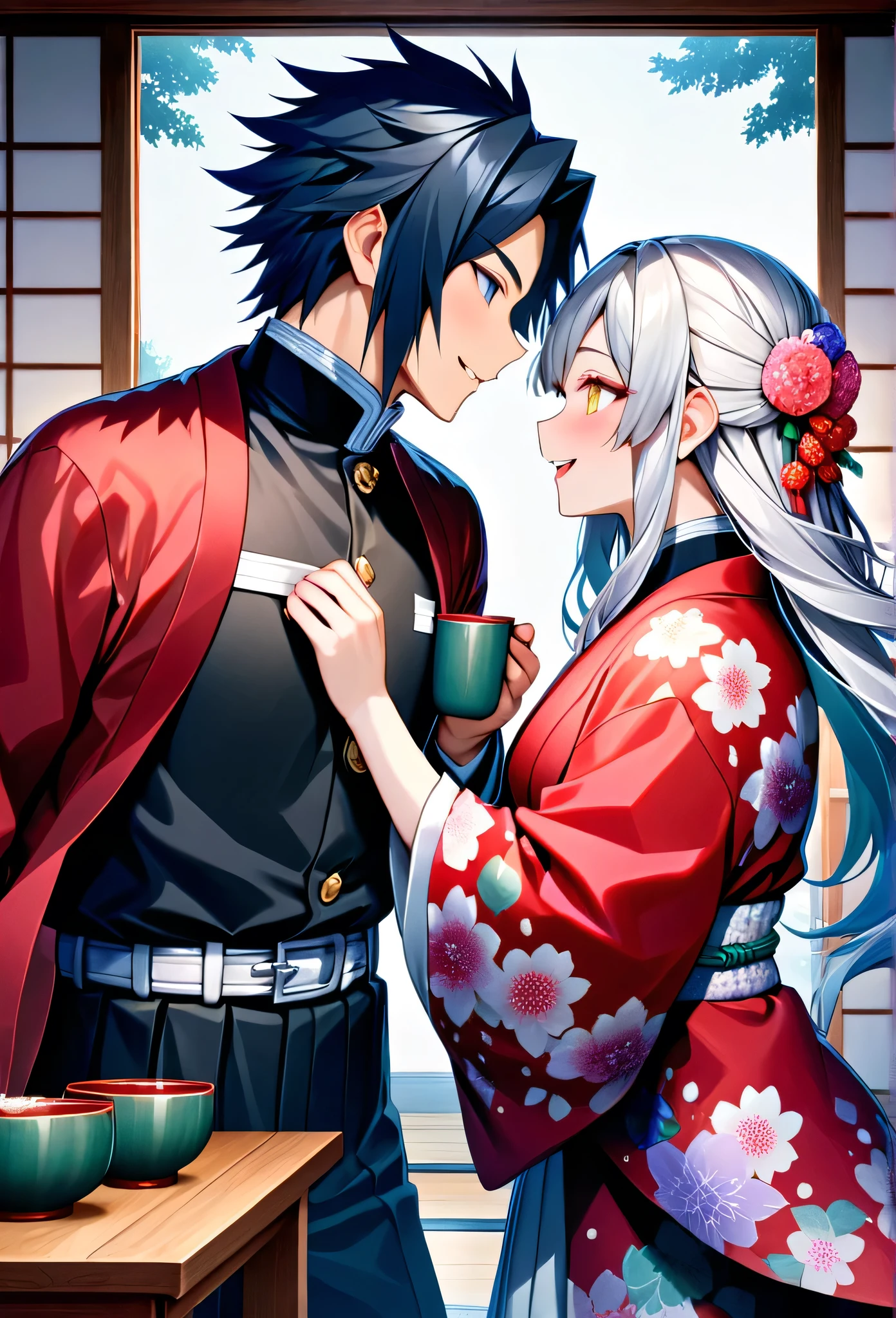 Ultra detailed, high resolution, absurd, HDR, masterpiece, anime girl and boy, beautiful woman (with long white hair with deep red streaks, girl (with yellow eyes), the girl (is wearing a red haori), black demon slayer uniform, Kimetsu No Yaiba, fantasy, beautiful, Tomioka Giyu, Hashira, Tomioka holding a yunomi with tea, couple, romantic, inside a Japanese house, best quality, extremely detailed face, love, romance, anime, they are really in love, they are having fun together, drinking tea, after training they are relaxing having tea together, smiling and laughing, Tomioka is a strong men