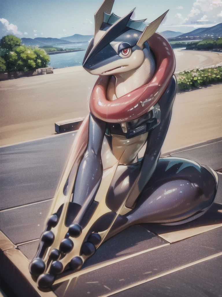(Realistic:1.4), (Realism:1.4), (Highres), 4K, Detailed, (Inricate Details:1.4), (Hyper Detailed:1.4), (Digital Art:1.4), masterpiece, (greninja), solo, full body, outdoors, sky, day, tongue, cloud, (red eyes, detailed eyes), blue sky, outstretched arms, long tongue, blue skin,