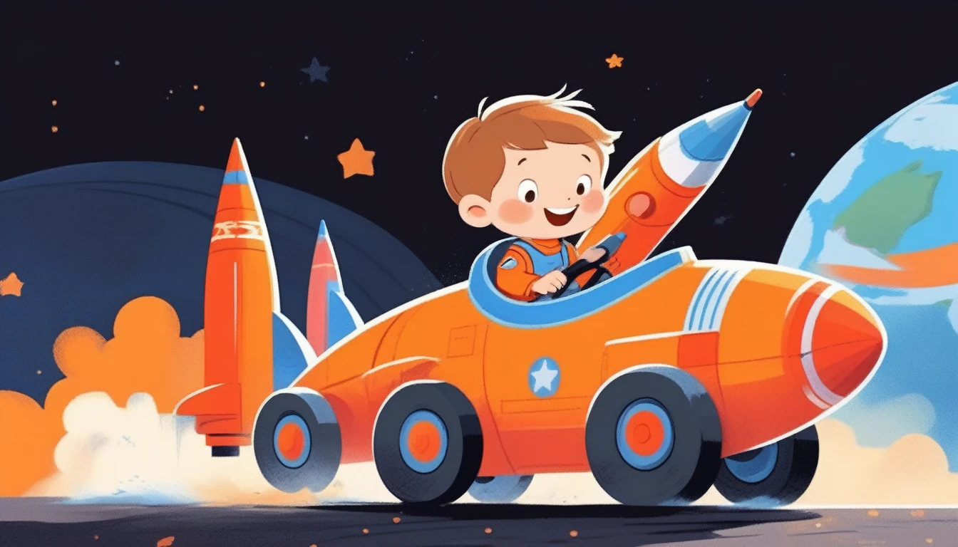 children's picture books,crayon paintings,black background,simple background,
A little boy driving a rocket, facing the camera, happy, orange uniform, urss, slowly approaching, with high definition and quality,