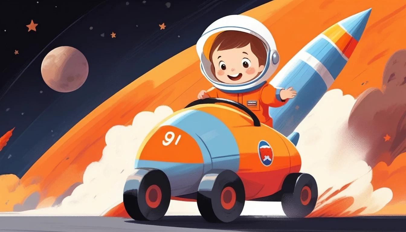 children's picture books,crayon paintings,black background,simple background,
A little boy driving a rocket, facing the camera, happy, orange uniform, urss, slowly approaching, with high definition and quality,