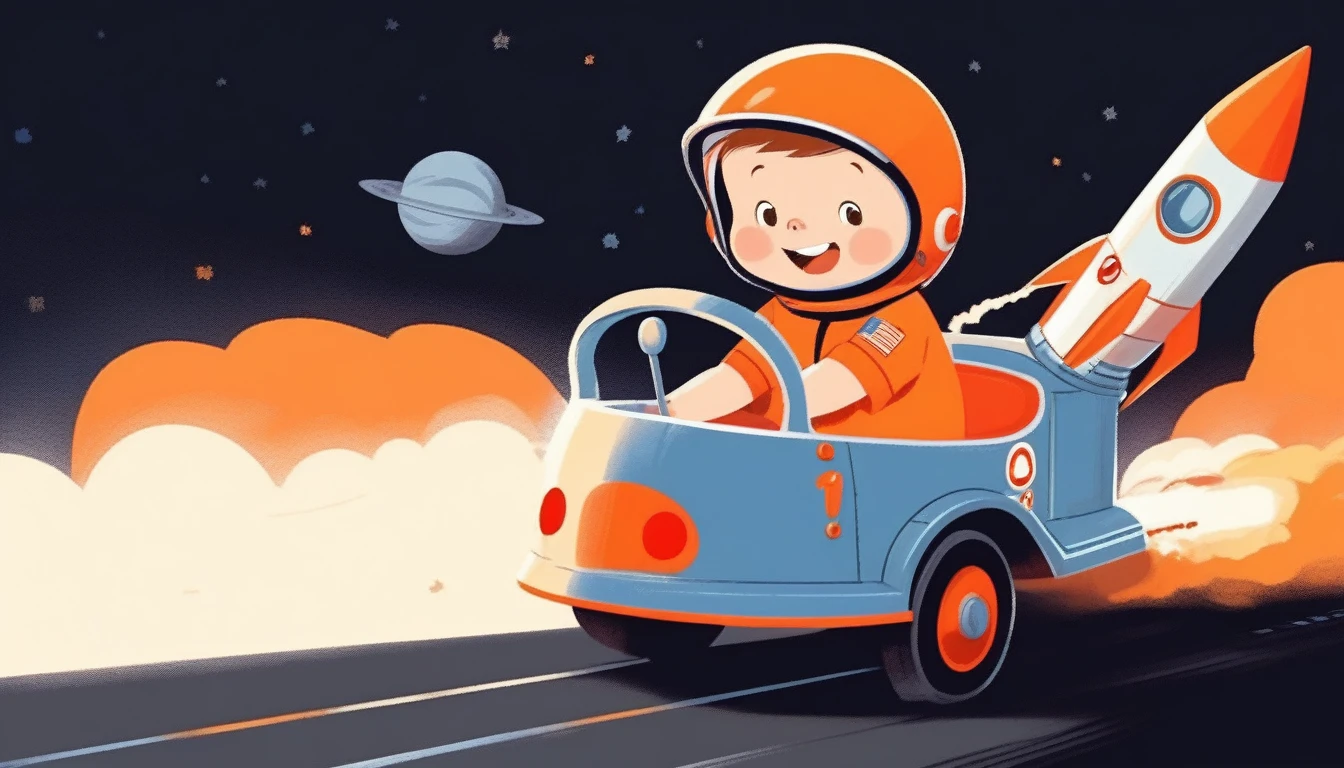 children's picture books,crayon paintings,black background,simple background,
A little boy driving a rocket, facing the camera, happy, orange uniform, urss, slowly approaching, with high definition and quality,