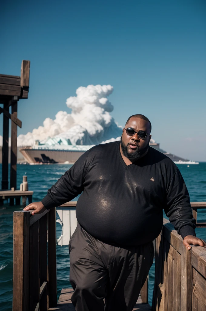 hyper-realistic image of a fat black man, dark-skinned, bald, black beard, big head, medium height, wearing square black-framed glasses, he is on the edge of the pier with the Titanic sinking and split in half when hitting the iceberg behind him, wearing period clothes, seen from the front, full body, wide image, in the year 1912, photograph with color and appearance of an image from the past