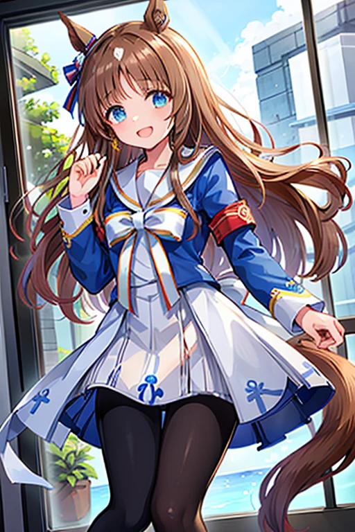 ((masterpiece、Highest quality))、solo、The Wonders of Glass、Uma Musume、solo、Marl、Hair length、Brown haired、Blue Sailor Suit、white sailor collar、Long sleeve、((black tights))、earrings、White Skirt、Laughter、Red armband、White ribbon on chest、One pair is black、The other one is white、Huge windowansion