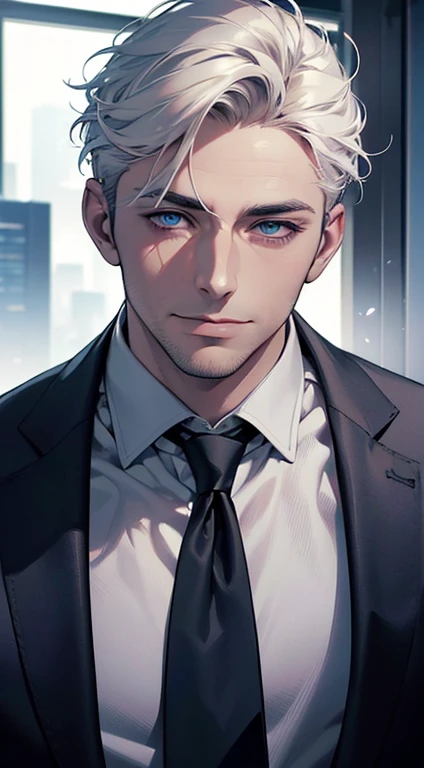 (best quality,4k,8k,highres,masterpiece:1.2),ultra-detailed,(realistic,photorealistic,photo-realistic:1.37),1 man,31 years old,mature man,very handsome,without expression,smile,short white hair,blue eyes,penetrating gaze,perfect face without errors,imposing posture,businessman,office background,cinematic lighting,hdr image