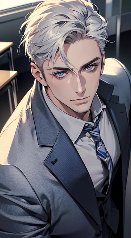 (best quality,4k,8k,highres,masterpiece:1.2),ultra-detailed,(realistic,photorealistic,photo-realistic:1.37),1 man,31 years old,mature man,very handsome,without expression,smile,short white hair,blue eyes,penetrating gaze,perfect face without errors,imposing posture,businessman,office background,cinematic lighting,hdr image