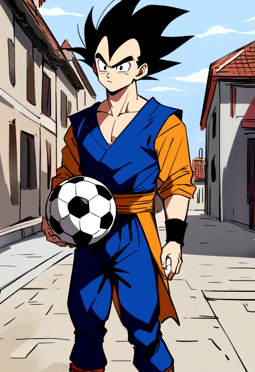 Vegeta and goku as Saiyan , blue vegeta outfit , goku clothes, anime styling , Football scenario , (( image without deformities)) , best resolution , best qualityer , steady look , masterpiece, holding a soccer ball in his hand.