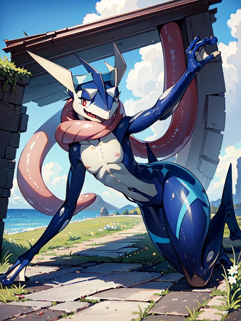 (Realistic:1.4), (Realism:1.4), (Highres), 4K, Detailed, (Inricate Details:1.4), (Hyper Detailed:1.4), (Digital Art:1.4), masterpiece, (greninja), solo, full body, outdoors, sky, day, tongue, cloud, (red eyes, detailed eyes), blue sky, outstretched arms, long tongue, blue skin,