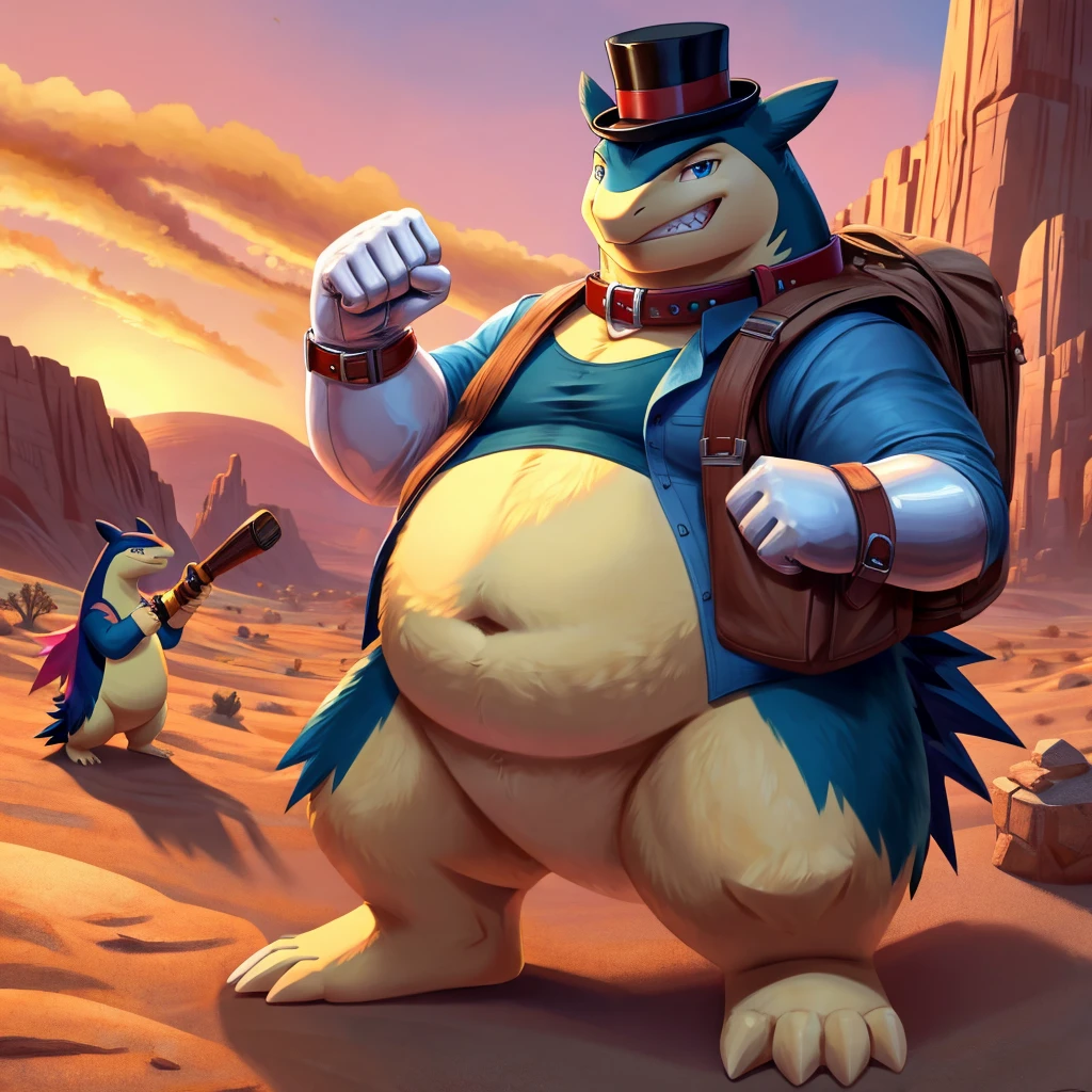 Male, fat, extremely obese, Typhlosion, blue eyes, (posing:1.3), (soft shading), 4k, hi res, ((detailed face, detailed)), looking at viewer, evil grin, desert, cactus, shirt, top hat, male focus, Explorer Outfit, glasses, bag, vest, backpack, sleeves rolled up, round eyewear, brown headwear, brown vest, Typhlosion is wearing a glossy leather dog collar around the neck, Typhlosion is wearing the leather collar and shirt and vest at the same time, Typhlosion is wearing glossy white rubber gloves on the hands, wearing white rubber gloves on the feet, gloves are rubber in texture, clenching teeth, clenching fists, leather collar is glossy and shiny with a lot of detail.
