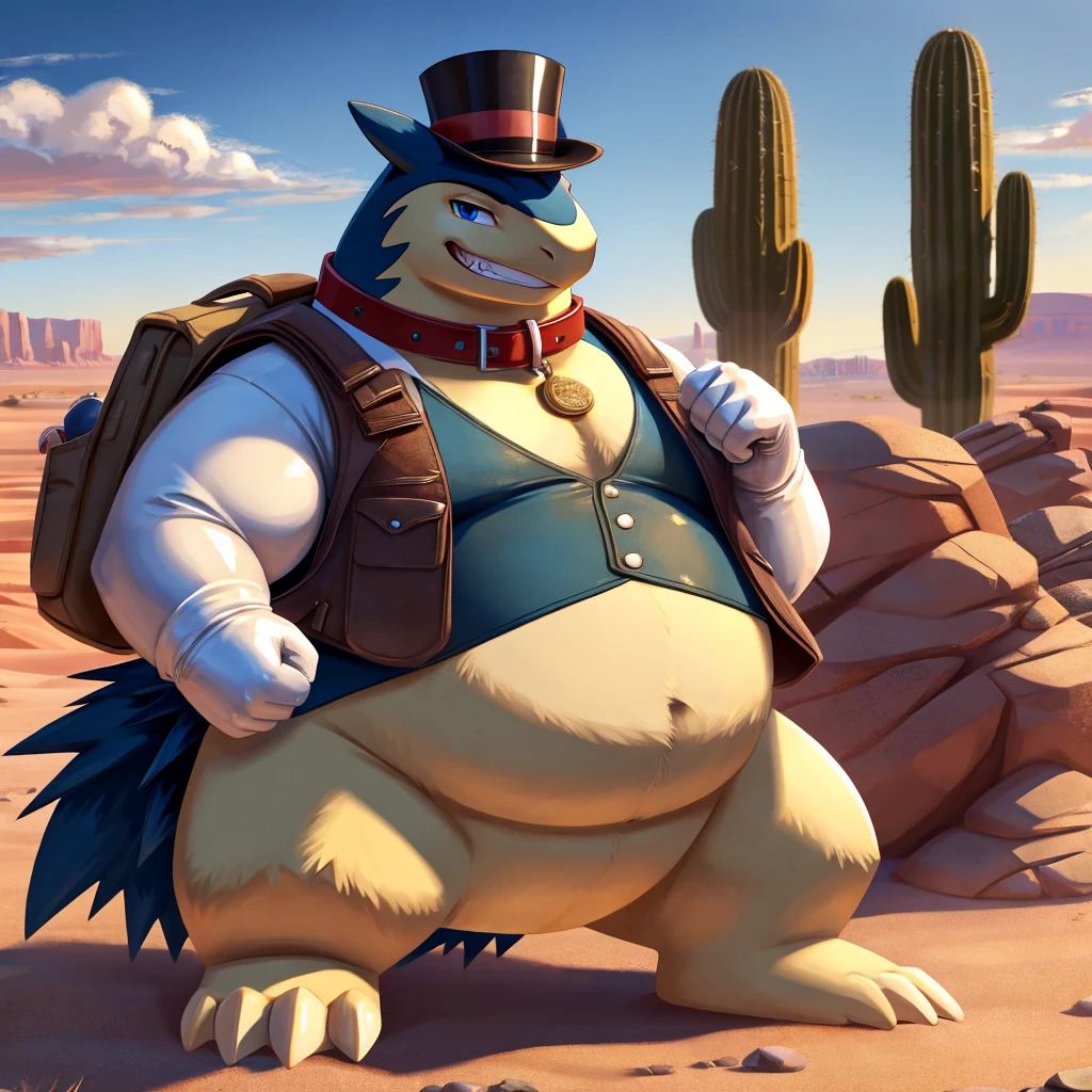 Male, fat, extremely obese, Typhlosion, blue eyes, (posing:1.3), (soft shading), 4k, hi res, ((detailed face, detailed)), looking at viewer, evil grin, desert, cactus, shirt, top hat, male focus, Explorer Outfit, glasses, bag, vest, backpack, sleeves rolled up, round eyewear, brown headwear, brown vest, Typhlosion is wearing a glossy leather dog collar around the neck, Typhlosion is wearing the leather collar and shirt and vest at the same time, Typhlosion is wearing glossy white rubber gloves on the hands, wearing white rubber gloves on the feet, gloves are rubber in texture, clenching teeth, clenching fists, leather collar is glossy and shiny with a lot of detail.