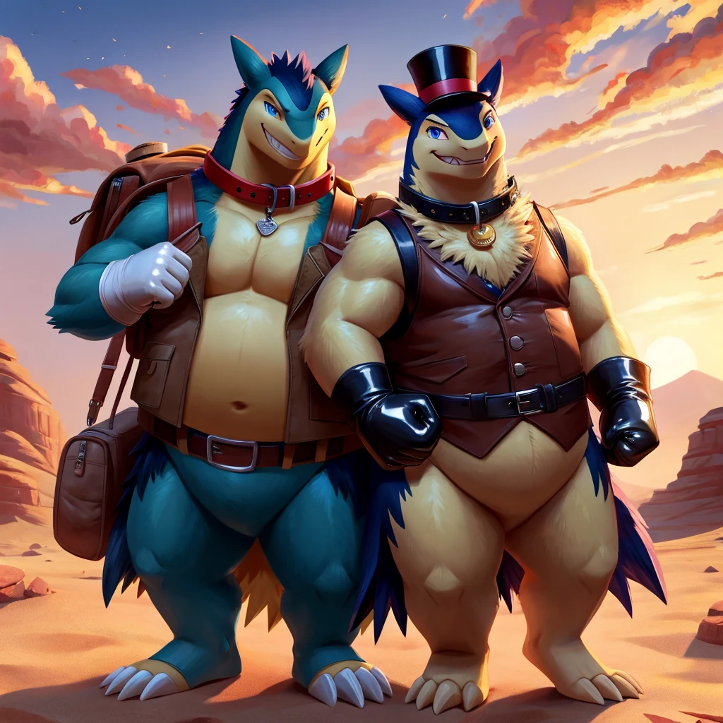 Male, fat, extremely obese, Typhlosion, blue eyes, (posing:1.3), (soft shading), 4k, hi res, ((detailed face, detailed)), looking at viewer, evil grin, desert, cactus, shirt, top hat, male focus, Explorer Outfit, glasses, bag, vest, backpack, sleeves rolled up, round eyewear, brown headwear, brown vest, Typhlosion is wearing a glossy leather dog collar around the neck, Typhlosion is wearing the leather collar and shirt and vest at the same time, Typhlosion is wearing glossy white rubber gloves on the hands, wearing white rubber gloves on the feet, gloves are rubber in texture, clenching teeth, clenching fists, leather collar is glossy and shiny with a lot of detail.