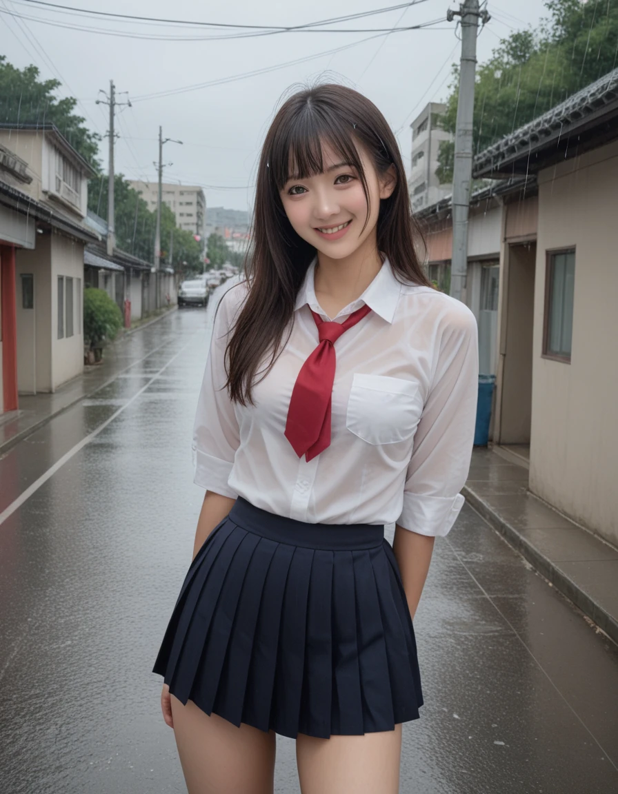 score_9,score_8_up,score_7_up,8K, breasts, A beautiful Japanese woman, 18yo, High school girl in the rain, (Her uniform is transparent and her underwear is visible:1.2)、(skirt:1.3)、Photorealistic and realistic Shibuya city background, smile,Mr.々A pose