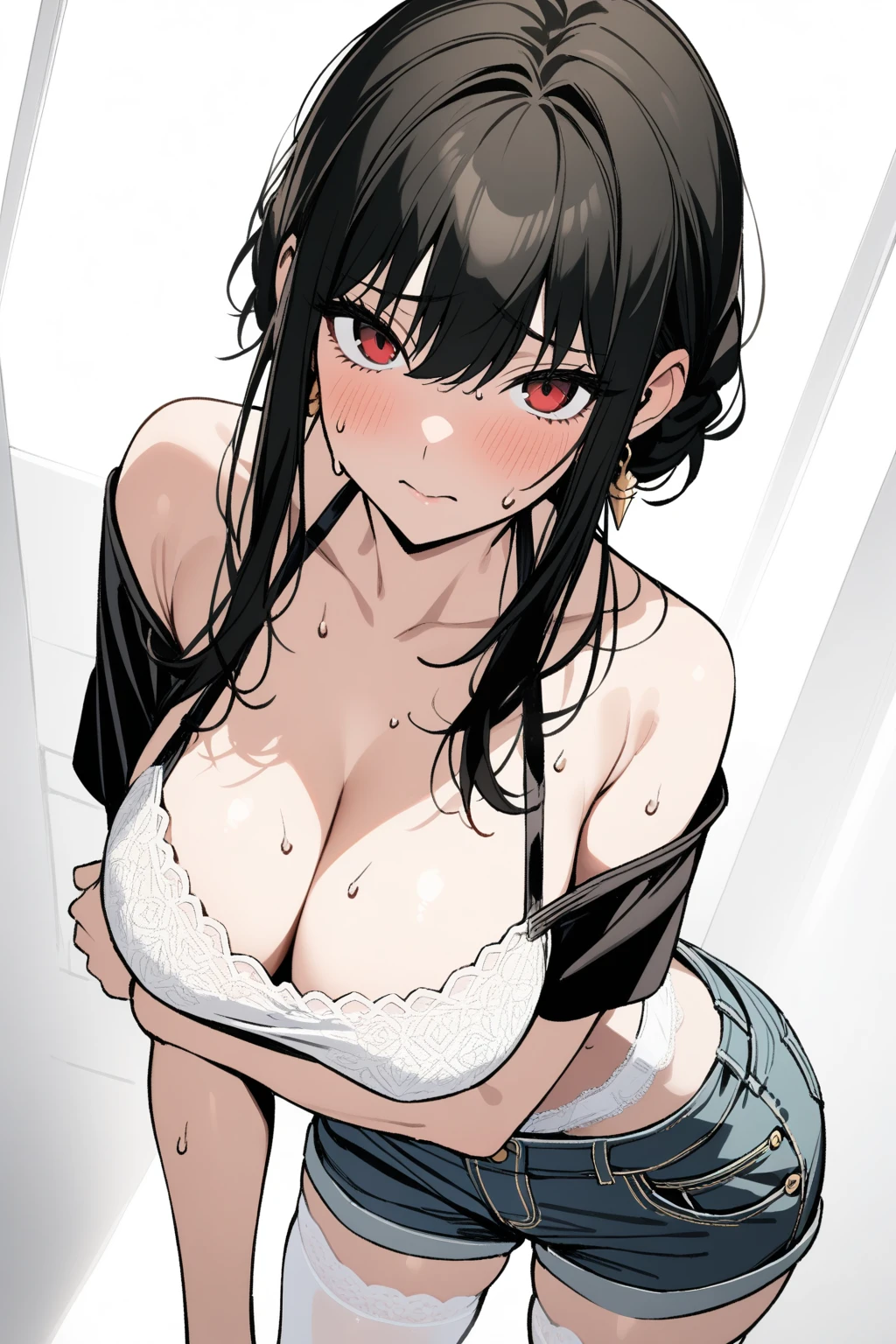 1 Girl, yorbriar,Yor briar,,Solitary, Viewers, Pure white background,close up,Standing,whole body,full,angle, masterpiece, best quality,Black Hair,Sweat,,White garter stockings,Denim shorts,Absolute Domain,Thigh strangle,Black short sleeves with pattern,have no color,