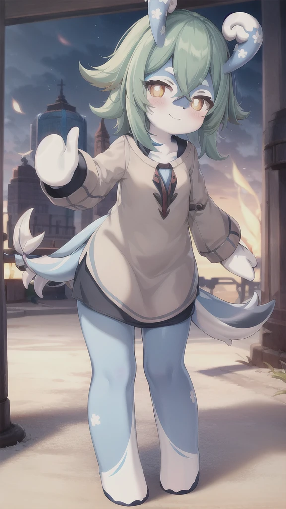 full body, 1girl, melusine, blue skin, orange eyes, curly ears, stubby tail, smile, blush, white shirt, looking at viewer, standing, waving, leaning forward,long hair,