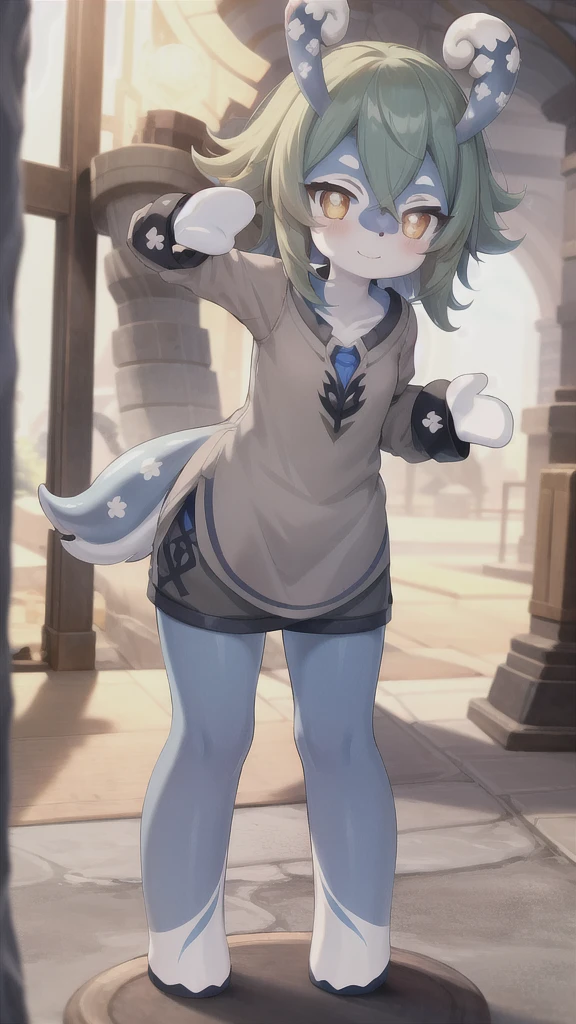 full body, 1girl, melusine, blue skin, orange eyes, curly ears, stubby tail, smile, blush, white shirt, looking at viewer, standing, waving, leaning forward,long hair,