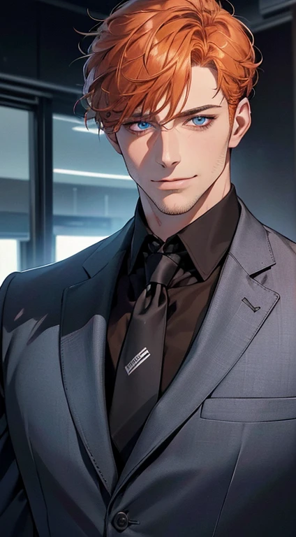 (best quality,4k,8k,highres,masterpiece:1.2),ultra-detailed,(realistic,photorealistic,photo-realistic:1.37),1 man,31 years old,mature man,very handsome,without expression,smile,short orange hair,blue eyes,penetrating gaze,perfect face without errors,imposing posture,businessman,office background,cinematic lighting,hdr image