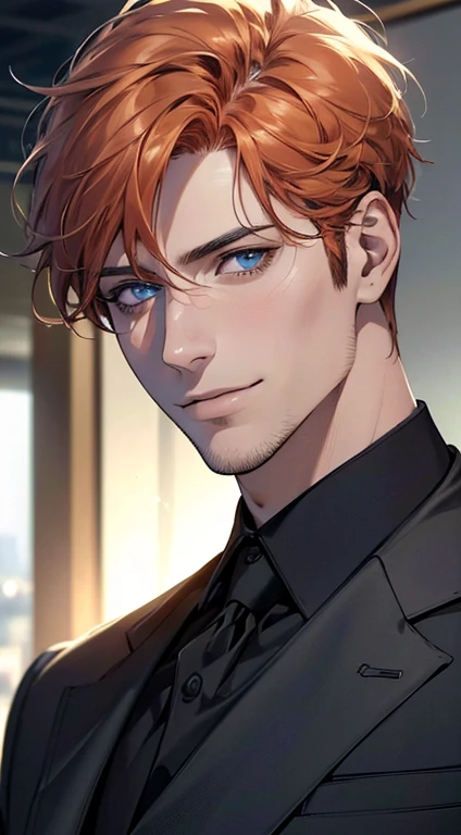 (best quality,4k,8k,highres,masterpiece:1.2),ultra-detailed,(realistic,photorealistic,photo-realistic:1.37),1 man,31 years old,mature man,very handsome,without expression,smile,short orange hair,blue eyes,penetrating gaze,perfect face without errors,imposing posture,businessman,office background,cinematic lighting,hdr image
