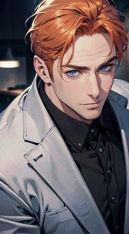 (best quality,4k,8k,highres,masterpiece:1.2),ultra-detailed,(realistic,photorealistic,photo-realistic:1.37),1 man,31 years old,mature man,very handsome,without expression,smile,short orange hair,blue eyes,penetrating gaze,perfect face without errors,imposing posture,businessman,office background,cinematic lighting,hdr image
