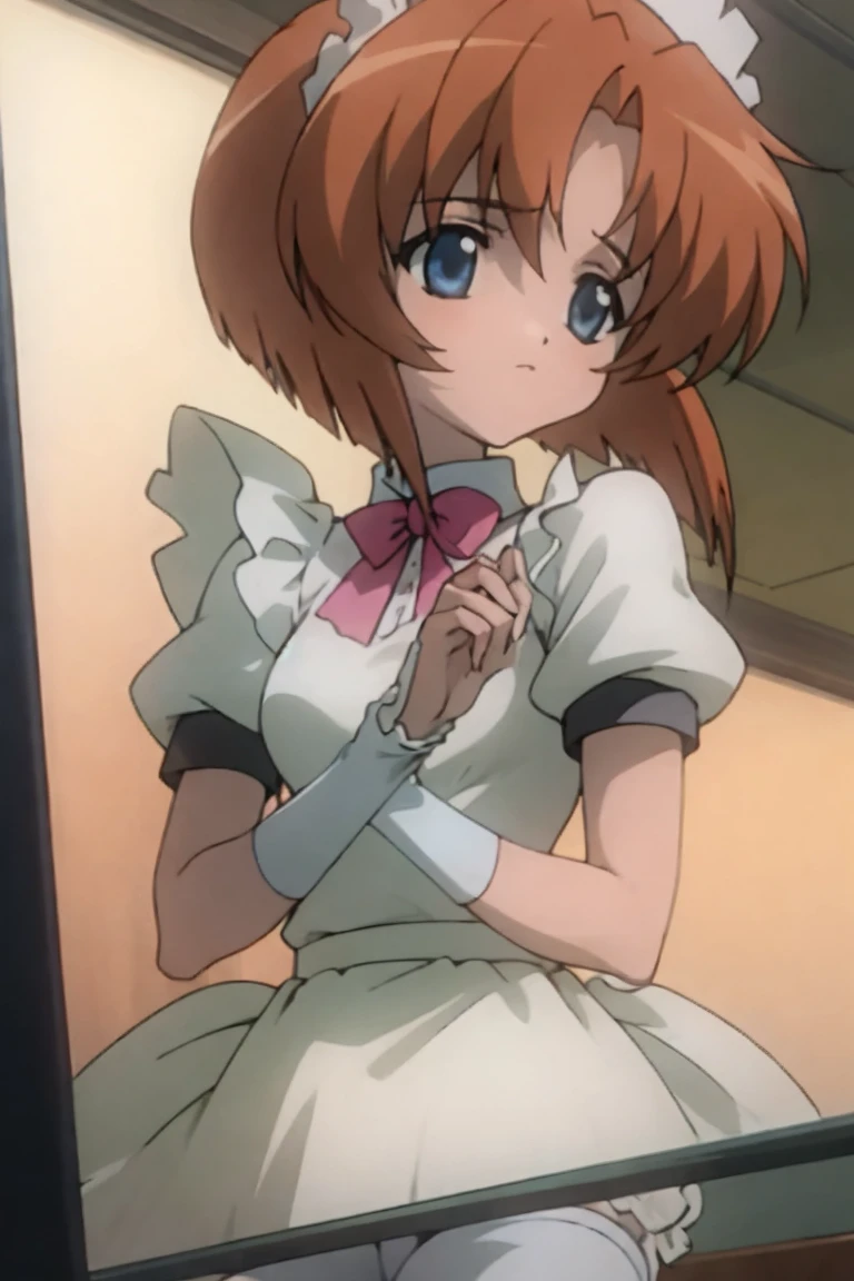 One girl,Beautiful viewasterpiece、Highest quality),Short Hair,Orange Hair,Maid clothes,Frills,Puff sleeves,Frillsのカチューシャ,Red ribbon, white tights